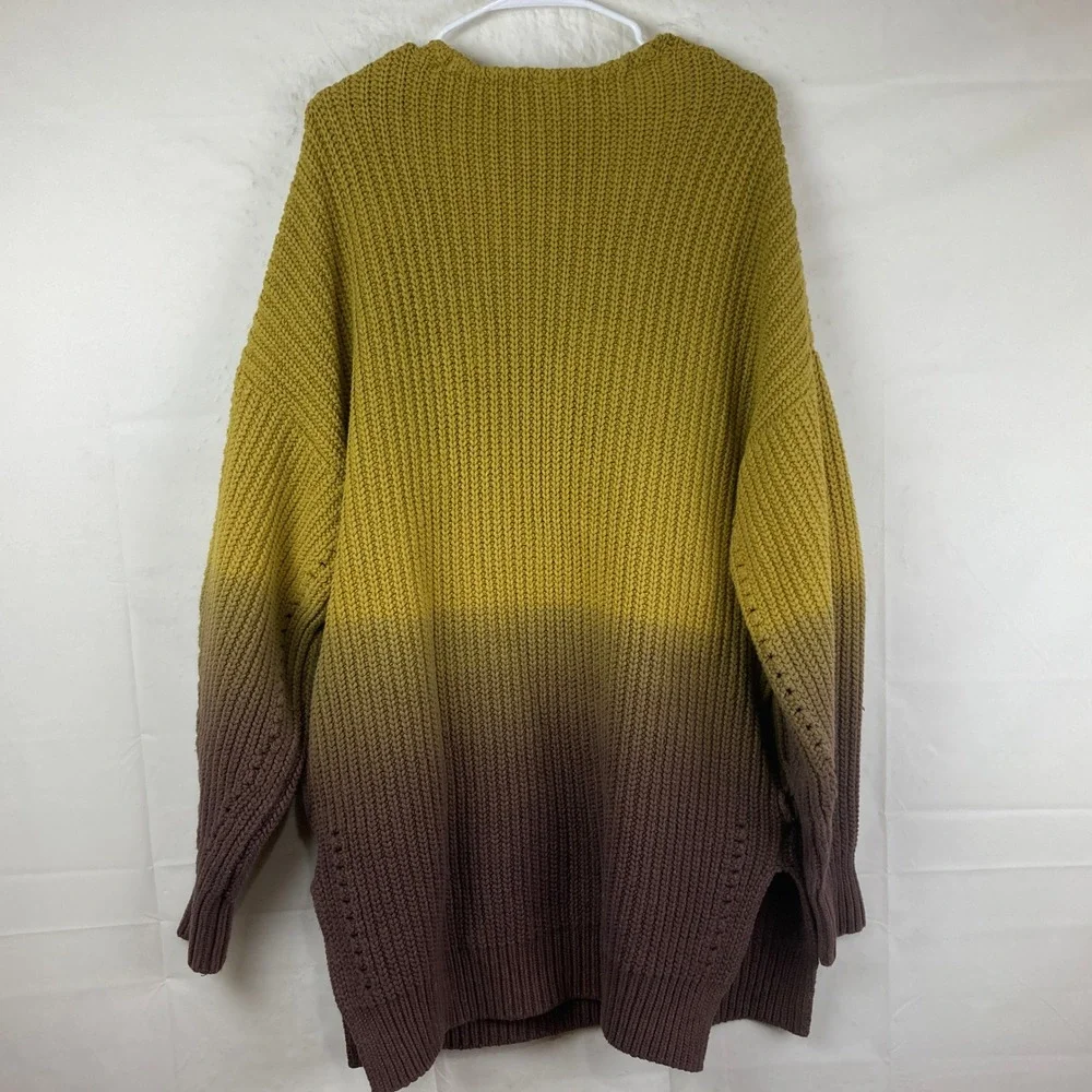 Free People Ombre Come Together V-Neck Sweater Sz L Chunky‎ Knit Boho Earthy